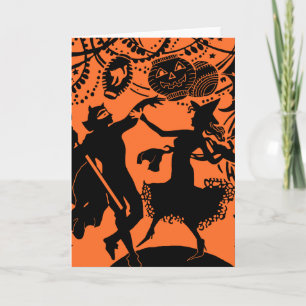 Cartão Vintage Devil Witch Dance Silhouette Illustration