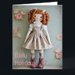 Cartão Vintage Doll Collection Redhead Clarissa Christmas<br><div class="desc">Vintage Doll Collection Redhead Clarissa te desejando feriados bonzinhos. Entra num reino de nostalgia com a nossa "Vintage Doll Collection" - uma série de nove imagens encantadoras feitas por Christine aka stine1 e Artificial Intelligence. Cada trabalho de arte retrata uma boneca artesanal, meticulosamente projetada, adornada em vestidos deliciosos, lembrando eras...</div>