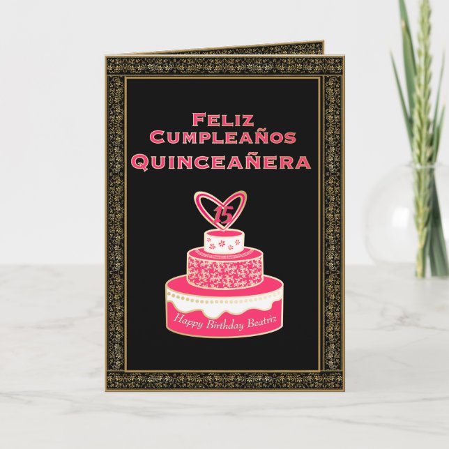 Cartão Vintage, Dourado aniversário Cake Quinceañera (Frente)