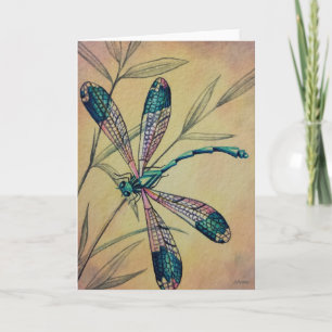 Cartão Vintage Dragonfly e Foliage Watercolor Art