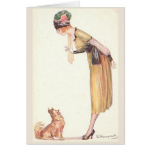 Cartão Vintage - Ensinando um Cachorro a Sentar,