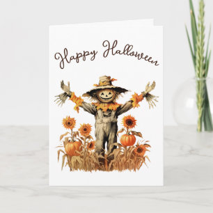 Cartão Vintage Espantalho Halloween Pumpkin Patch