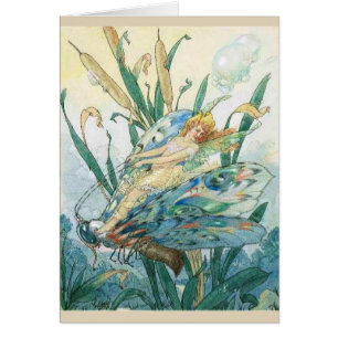 Cartão Vintage - fada que monta uma borboleta -