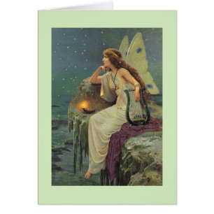 Cartão Vintage - Fada Supervisionando o Mar da Noite,