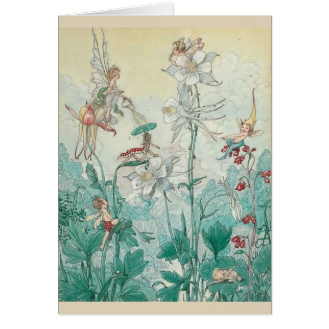 Cartão Vintage - fadas que jogam em um jardim, (Frente)