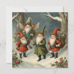 Cartão Vintage Fairy Tale Christmas Gnomos na Floresta