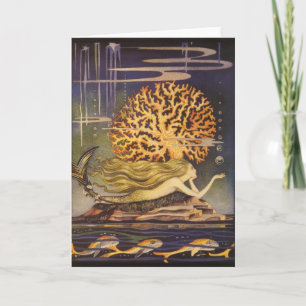 Cartão Vintage Fairy Tale, Pequena Sereia no Oceano Coral