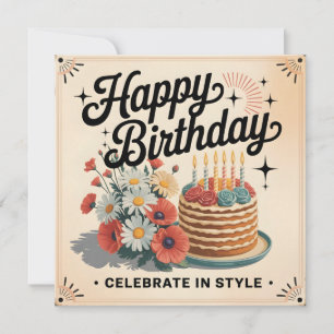 Cartão Vintage "Feliz Aniversário - Celebre com Estilo"