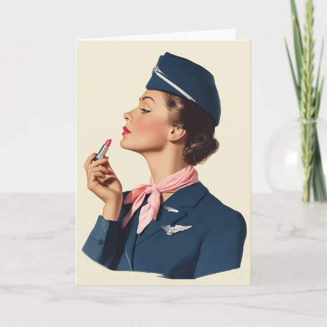 Cartão Vintage Flight Attendant Applying Lipstick (Frente)