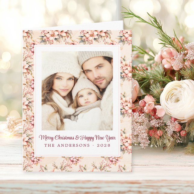 Cartão Vintage Floral Pink Natal Personalizável (Shabby Chic Christmas Card)