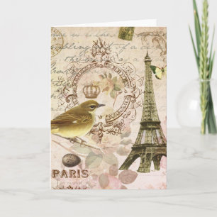 Cartão Vintage French bird and Eiffel Tower notecard