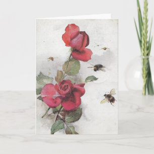 Cartão Vintage French Bumblebee Rose Blank Greeting Card