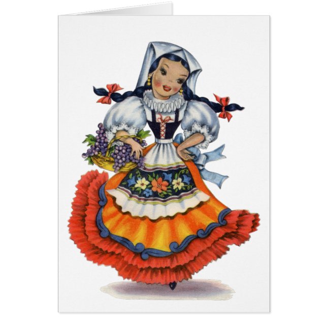 Cartão Vintage, garota espanhola, vestido tradicional (Frente)