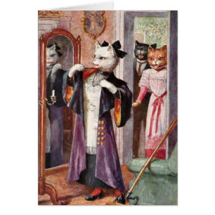 Cartão Vintage - gato vestido toda acima,