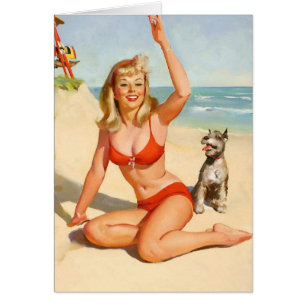 Cartão Vintage Girl and Dog on Beach