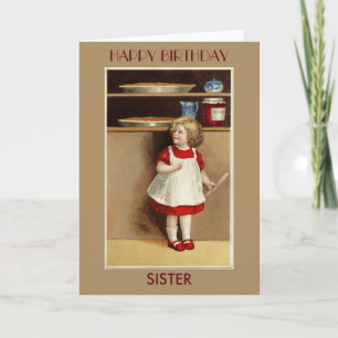 Cartão Vintage Girl in Red Dress Sister Birthday Card