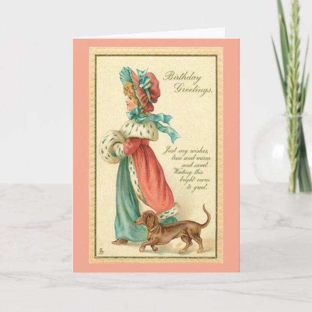 Cartão Vintage Girl with Dog Birthday (Frente)