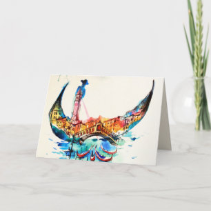 Cartão Vintage Gondola Venice City Viagem Love Watercolor