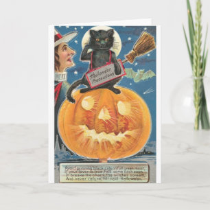 Cartão Vintage Halloween Black Cat Greeting Card