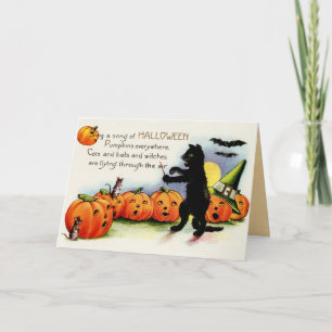 Cartão Vintage Halloween, Black Cat, Pumpkins Card