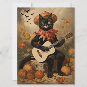Cartão Vintage Halloween Black Cat Tocando Violão