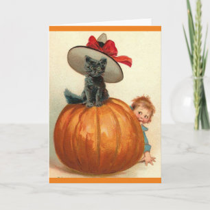 Cartão Vintage Halloween Black Cat Witch Hat Pumpkin Baby