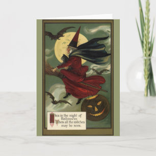 Cartão Vintage Halloween Bruxa Andando Broomstick com Cat