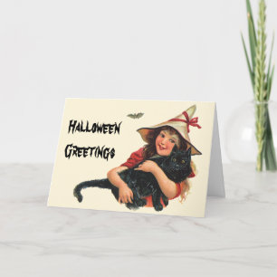 Cartão Vintage Halloween, Bruxa Menina com Gato Negro