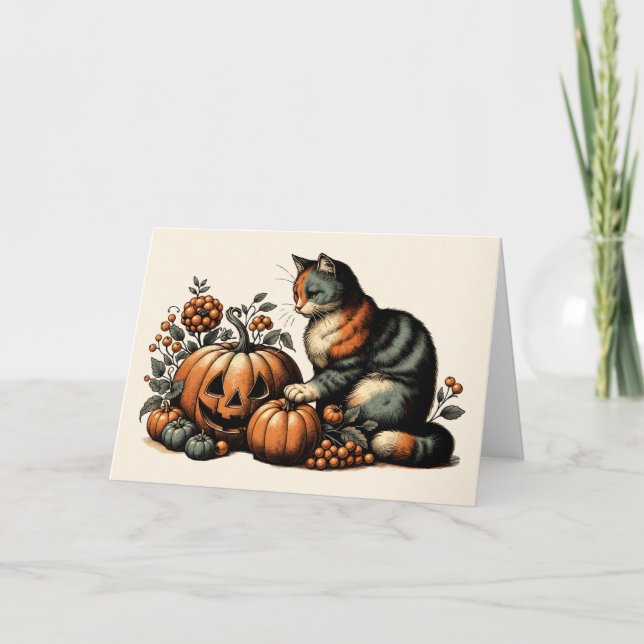 Cartão Vintage Halloween Cat e Pumpkin (Frente)
