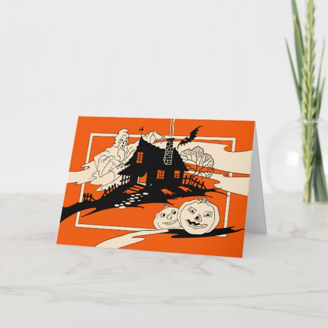 Cartão Vintage Halloween Ghost and Haunted House Card (Frente)