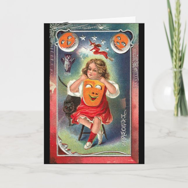 Cartão Vintage - Halloween Girl with Mask (Frente)