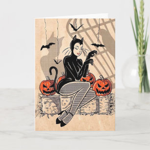 Cartão Vintage Halloween Lady In Cat Fume