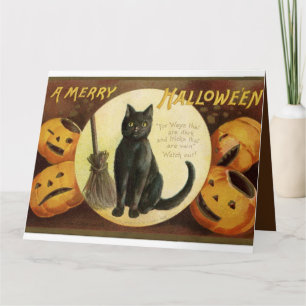 Cartão Vintage Halloween O Gato Negro e Pumpkins