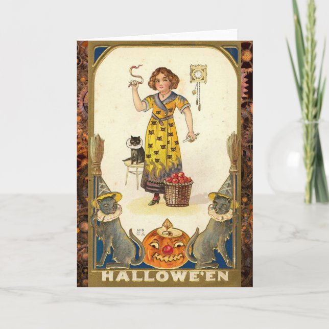 Cartão Vintage Halloween preparando-se para a festa (Frente)