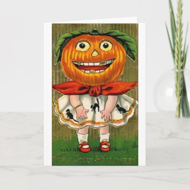Cartão Vintage Halloween Pumpkin Head Girl (Frente)