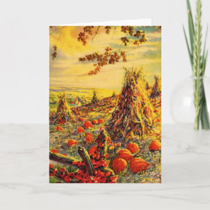 Cartão Vintage Halloween Pumpkin Patch com Haystacks