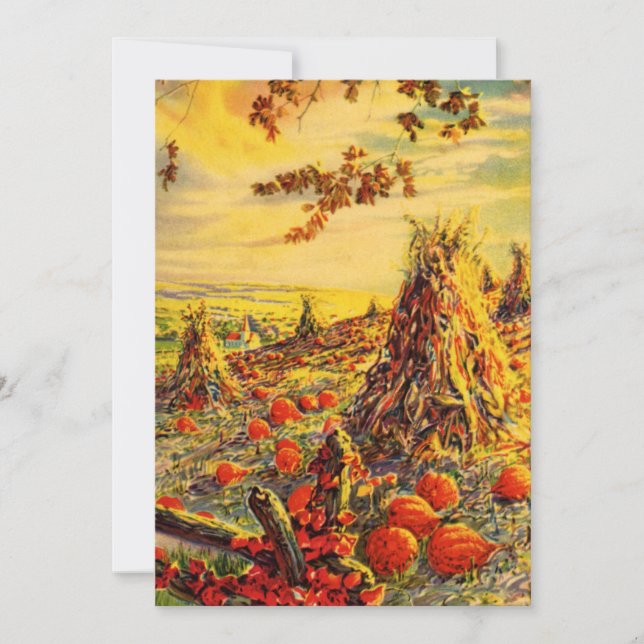Cartão Vintage Halloween Pumpkin Patch com Haystacks (Frente)