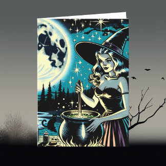 Cartão Vintage Halloween Witch agitando um Caldeirão
