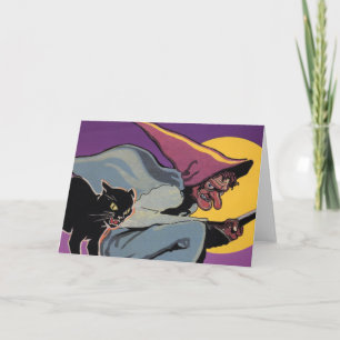 Cartão Vintage Halloween Witch With Black Cat
