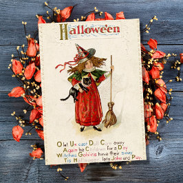 Cartão Vintage Halloween WitGirl Com Gato Negro