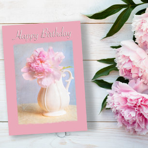Cartão Vintage Happy Birthday Pink Peony White Vase
