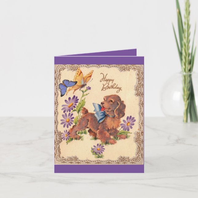 Cartão Vintage Happy Birthday Puppy (Frente)