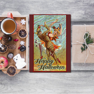 Cartão Vintage Happy Halloween Dancing in Jester Costume