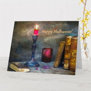 Cartão Vintage Happy Halloween Red Candela e Livros Antig