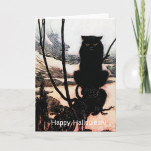 Cartão Vintage Happy Halloween Spooky Cat Arthur Rackham