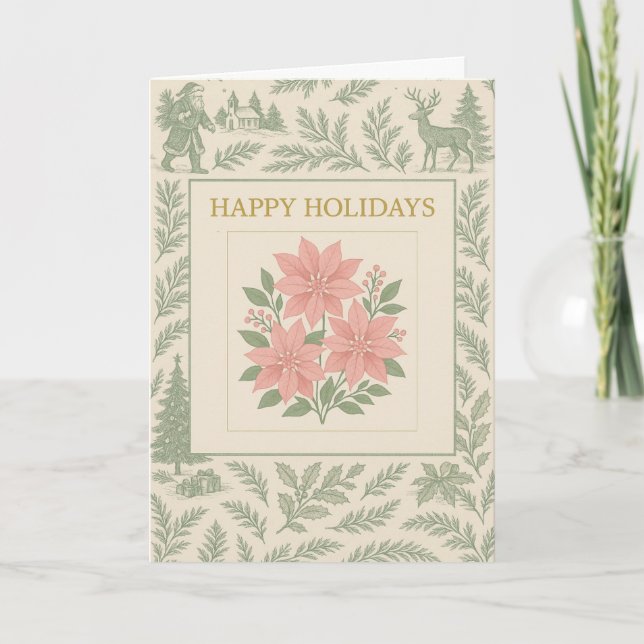 Cartão Vintage Holiday Card with Pink Poinsettias & Woodl (Frente)