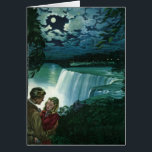 Cartão Vintage Honeymoon Love, Newlyweets em Niagara Fall<br><div class="desc">Imagem de romance e amor de ilustração com uma jovem casal casada em sua lua de mel por Niagara Falls. Uma noite romântica perto da cascata sob a lua de uma lua de cheio.</div>