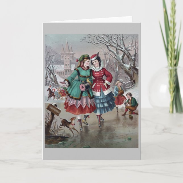 Cartão Vintage - Ice Skating on a Pond, (Frente)