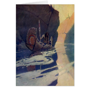 Cartão Vintage Indian Canoe remando Sun Classic