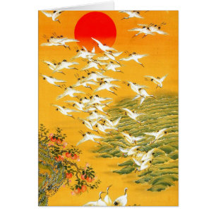Cartão Vintage japonês Cranes no Sunset
